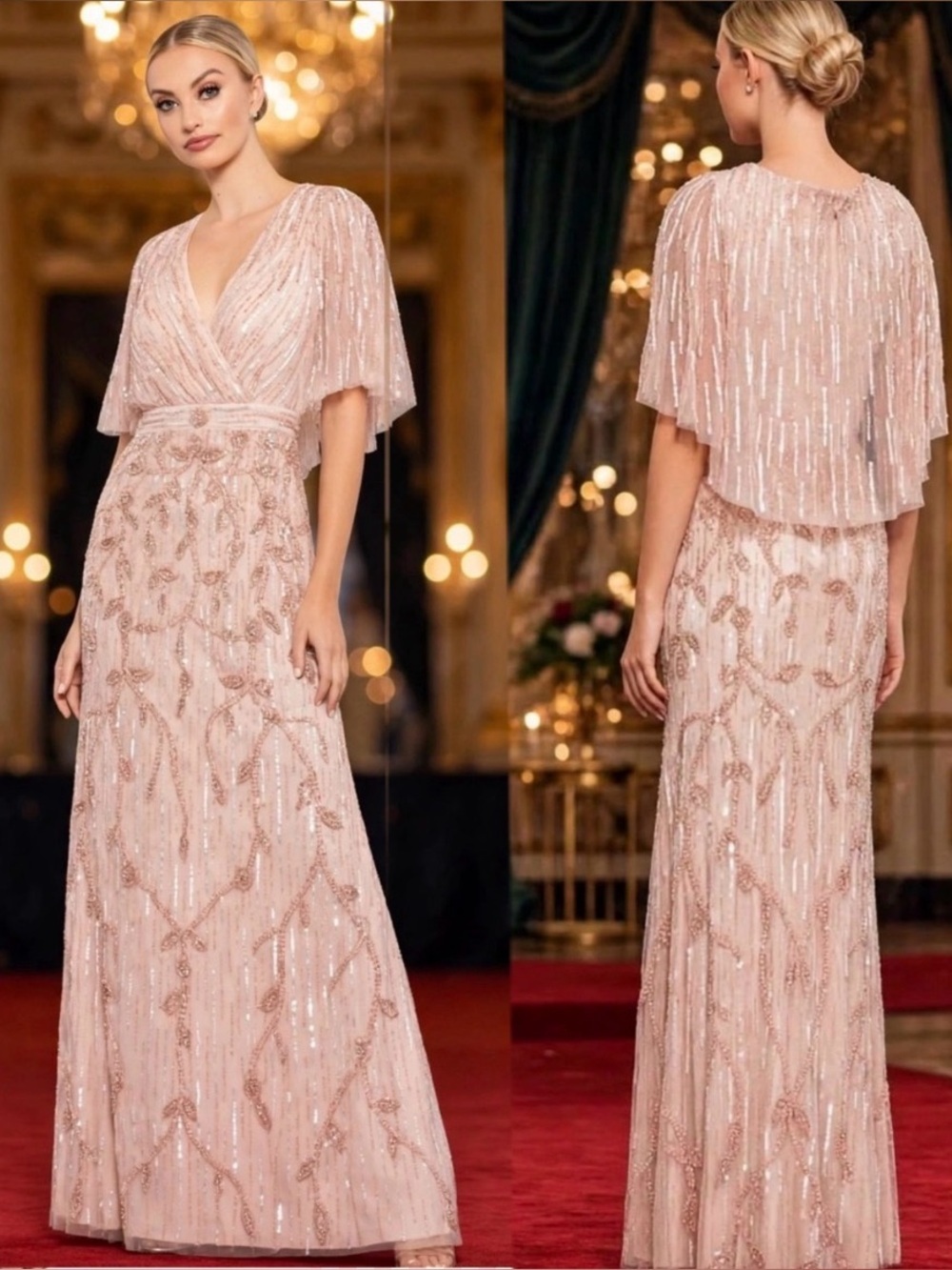 MAC DUGGAL
Pink Embellished Cap Sleeve Faux Wrap Trumpet Gown size 8.